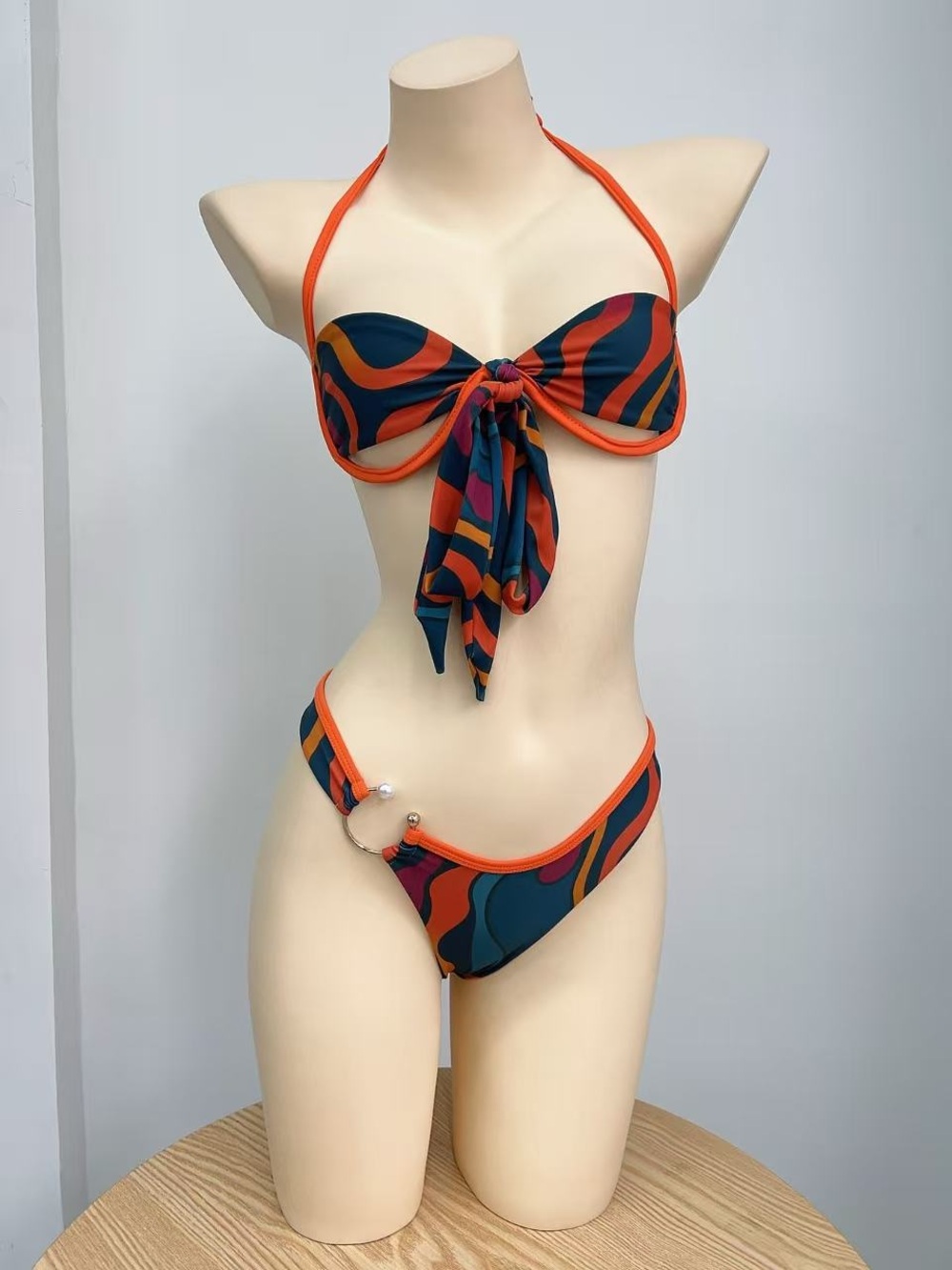 4 PCS SWIMSUIT Tie-Front Underwire Patterned Bikini in Teal and Orange
